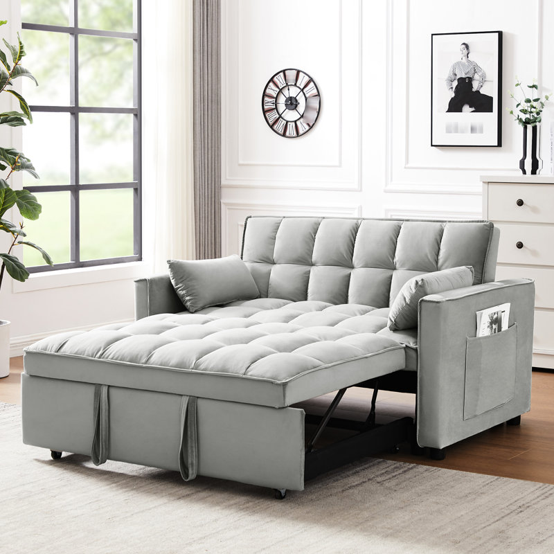 Canapé futon en velours 3-en-1 qui se transforme en lit-couchette, avec dossier réglable et poches de rangement à dossier inclinable convertible, coussins moelleux
