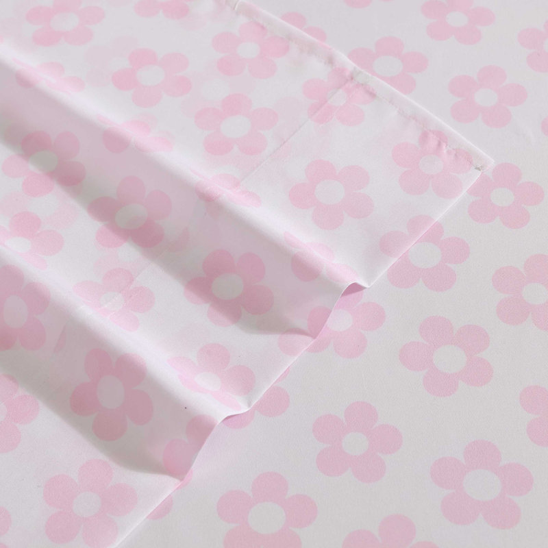 Betsey Johnson Printed Novelty Sheet Sets, Retro Daisy Pink, Full Sheet Set with 2 Standard Pillowcases