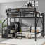 Lit mezzanine double avec escalier, lit mezzanine double en métal avec tablettes de rangement, lit mezzanine haute avec garde-robe pour enfants, noir (Old Skuw2580s00037)-1398557021