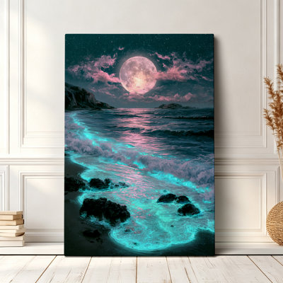 Mystical Coastal Bioluminescent Moon Beach Canvas Print Glowing Ocean Artwork - Living Room Bedroom Wall Decor