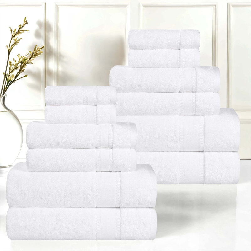 Belmont Zero Twist Cotton Medium Weight Soft Absorbent, 12 Piece Towel Set, White