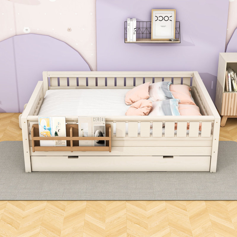 Charmant lit plateforme avec bibliothèque de chevet et lit gigogne coulissant, Queen, Beige