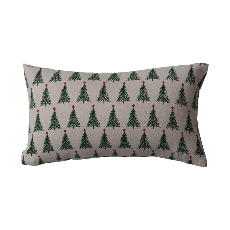 Stonewashed Cotton Printed Lumbar Pillow With Christmas Tree Pattern