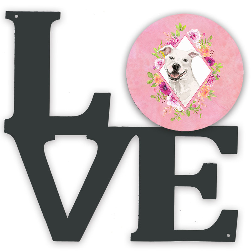 Décoration murale en métal love fleurs, Rose, Bull terrier blanc