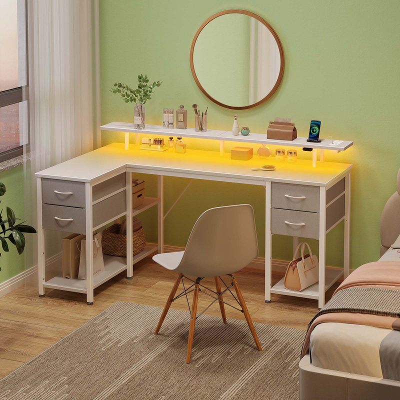 L Shaped Desk with Monitor Stand and Drawers, Gaming Desk with RGB LED Lights &Power Outlets, White
