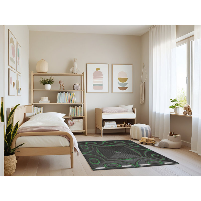 Tapis noir/vert à motifs, Rectangle 3 pi x 5 pi