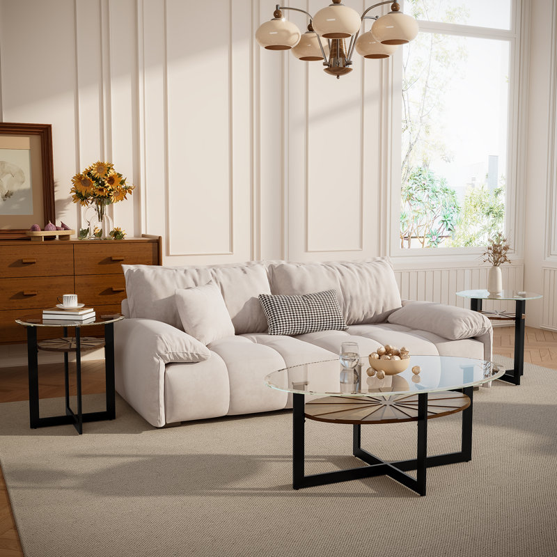 Wexford Collection Round Glass Top End Table with Wood Shelf, Mid-Century Modern Metal Frame Accent Side Table for Living Room