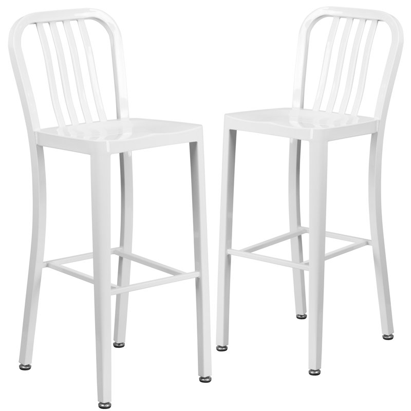 Commercial Grade Metal Indoor-Outdoor Stool with Vertical Slat Back, White, Bar Stool (76cm Seat Height)
