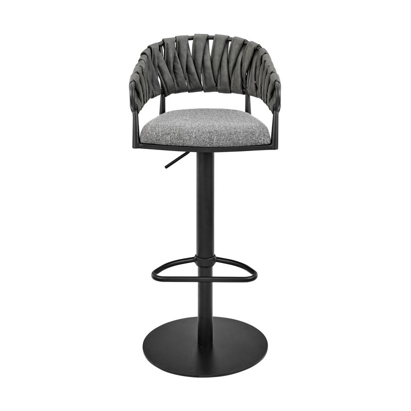 Keymaya Swivel Adjustable Height Bar Stool in Black Metal with Gray Fabric and Faux Leather