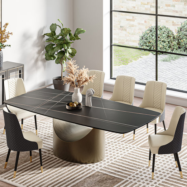 Hobart Modern Dining Table with Rectangular Sintered Stone Tabletop, Carbon Steel