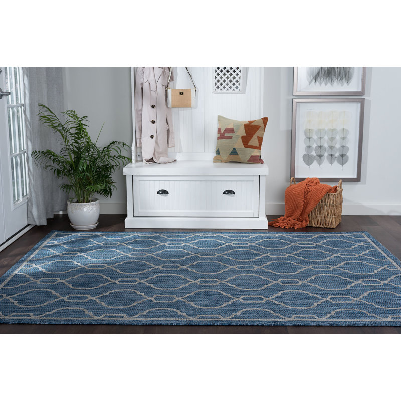 Tapis bleu indigo à motif géométrique d'intérieur / extérieur Speegle, Rectangle 7 pi 10 po x 10 pi 3 po