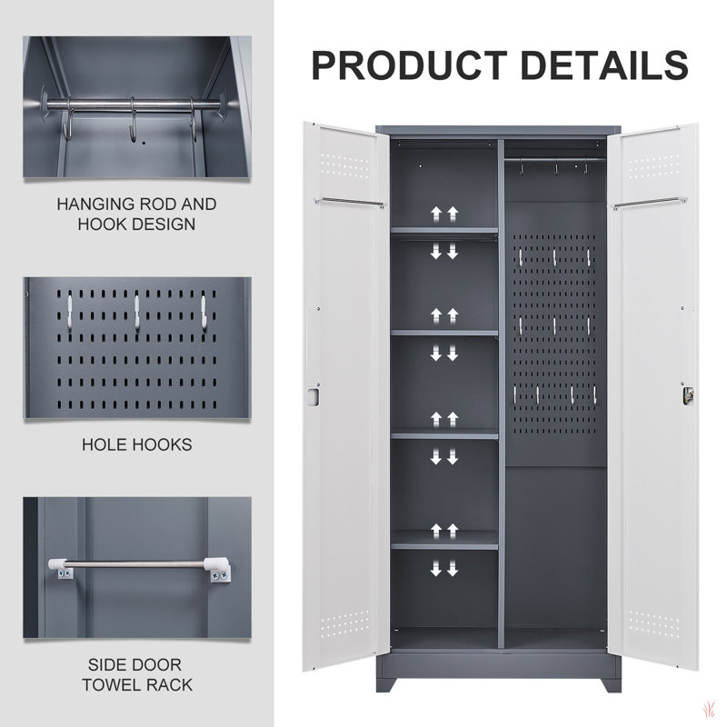 Armoires de rangement en métal, armoire à outils de nettoyage avec porte verrouillable, grand porte-outils à balais et rangement, grande armoire de rangement pour cuisine, garde-manger, bureau, magasin