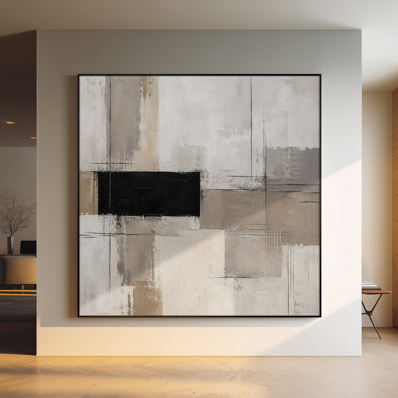 Très grand art mural imprimé sur tissu - Blocs abstraits minimalistes beiges, décoration de bureau moderne - «Assemblage requis du cadre (cadre non fini)»