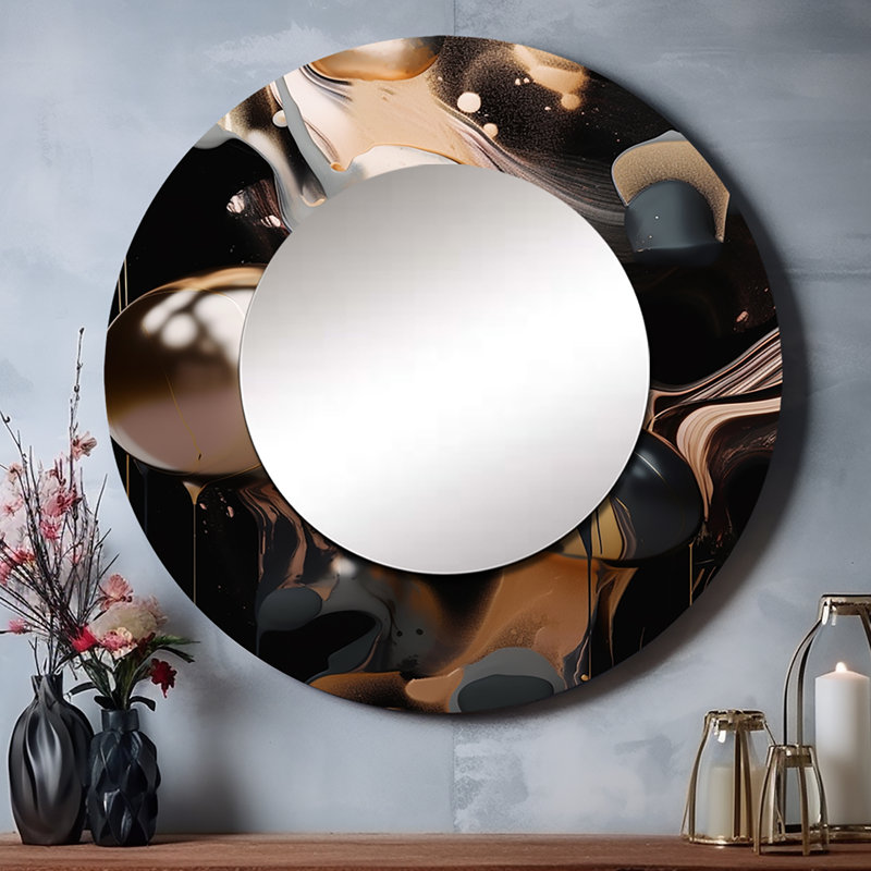 Paxtin or noir voyage par marbre IV - miroir mural décoratif en marbre, grand miroir rond moderne, art imprimé en métal