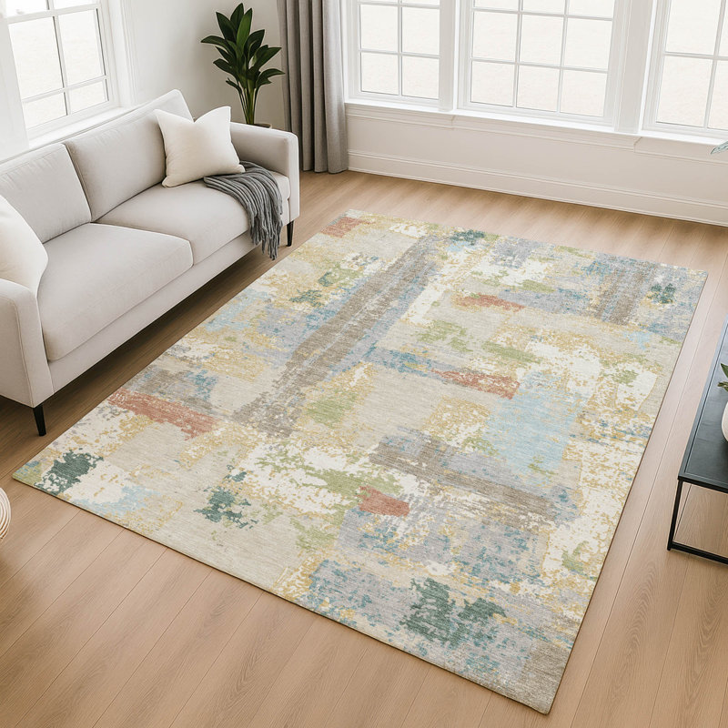 Premium Machine Washable Mayfield AMF2212 abstract Rug, Beige, 5' x 7'6"