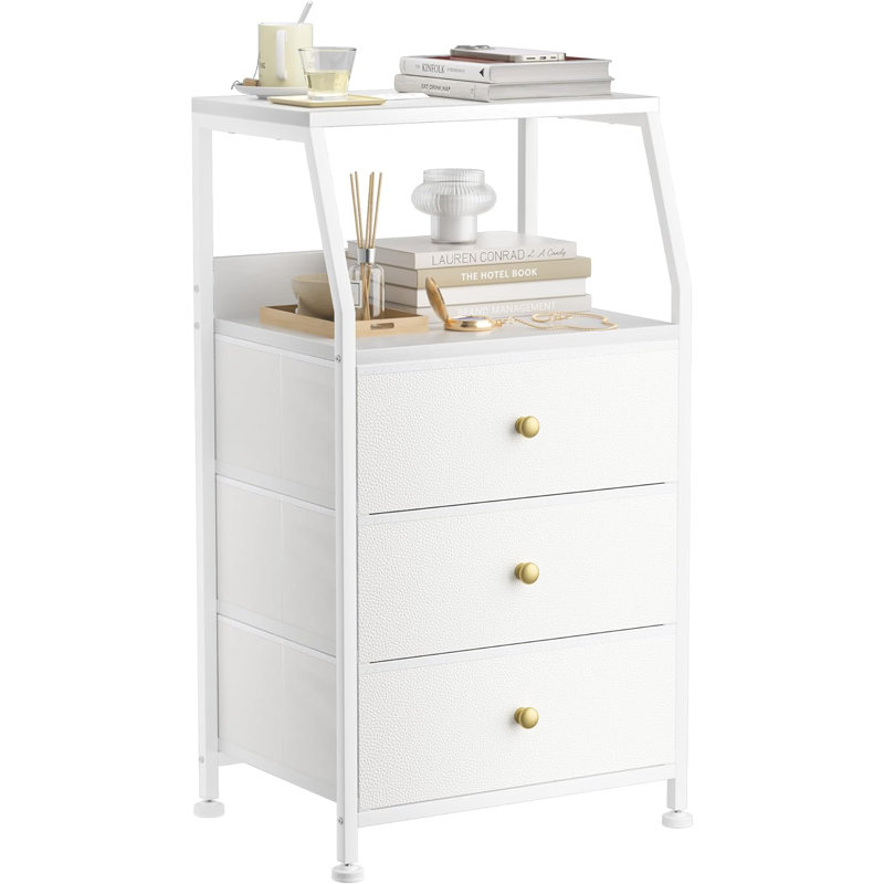 White Nightstand with 3 Fabric Storage Drawers, Small Dresser for Bedroom, Entryway, Hallway, College Dorm Furniture Bedside End Table Table Closet Organizer Maylei