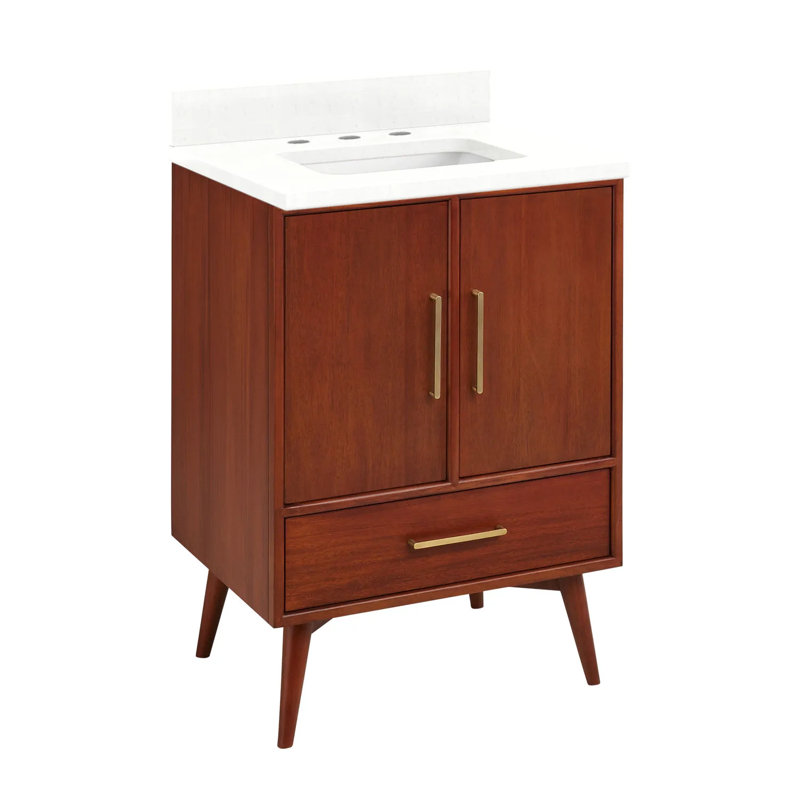 24" Novak Single Bathroom Vanity Set with Rectangular Undermount Sink, Natural Teak, 8" Widespread, Feathered White Quartz