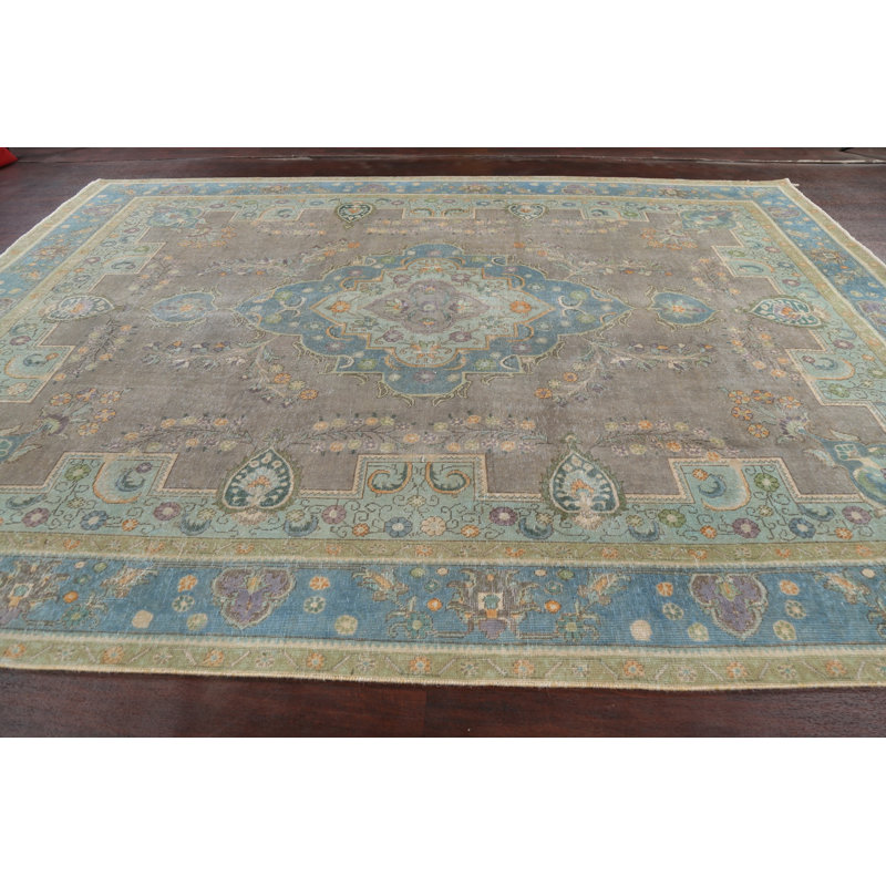 Tapis brun en laine noué à la main de conception unique 9 pi 4 po x 12 pi 6 po