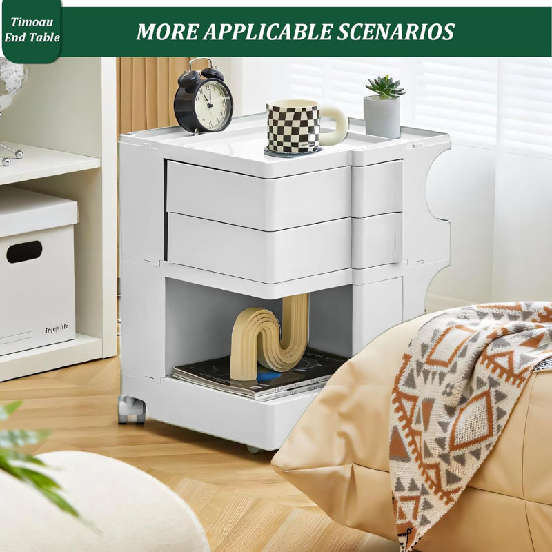 360° Rotating Movable Storage Cabinet Nightstand With 2 Slide Out Drawer, White