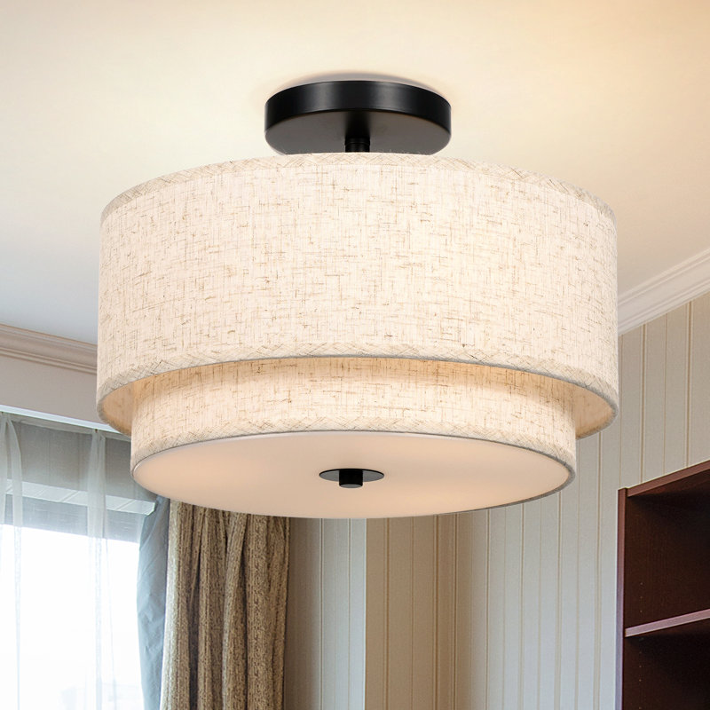 Plafonnier semi-encastré 3 lumières ultra moderne avec abat-jour en tissu de lin blanc pour le salon, la chambre à coucher, le couloir