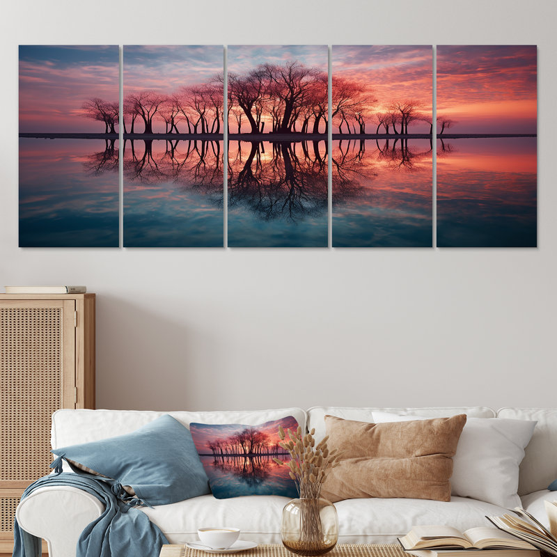 Coucher de soleil sur le lac, silhouette d'arbre, art mural pour le salon, 5 pièces, H 28 po x l 60 po
