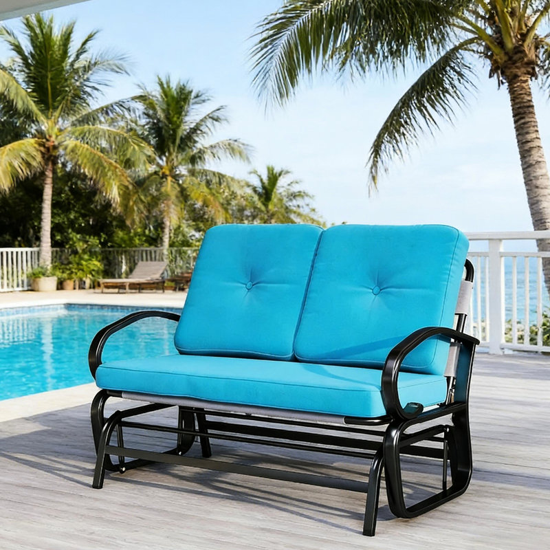 Banc de patio bleu avec filet respirant, structure et coussins en acier, idéal pour la détente en plein air, l 47,25 po x P 29,5 po x H 32,25 po, pour 2 personnes