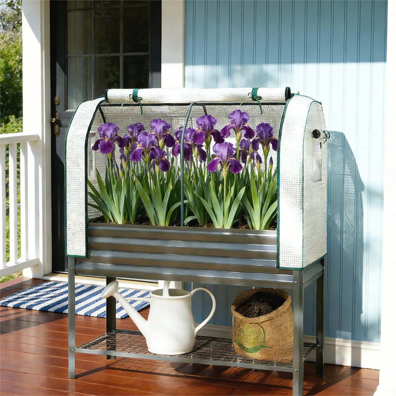 Elevated Raised Garden Bed Planter Box with Roll-Up Greenhouse Cover, Built-In Mesh Shelf, and Rust-Resistant Galvanized Frame for Effortless Outdoor Gardening.
