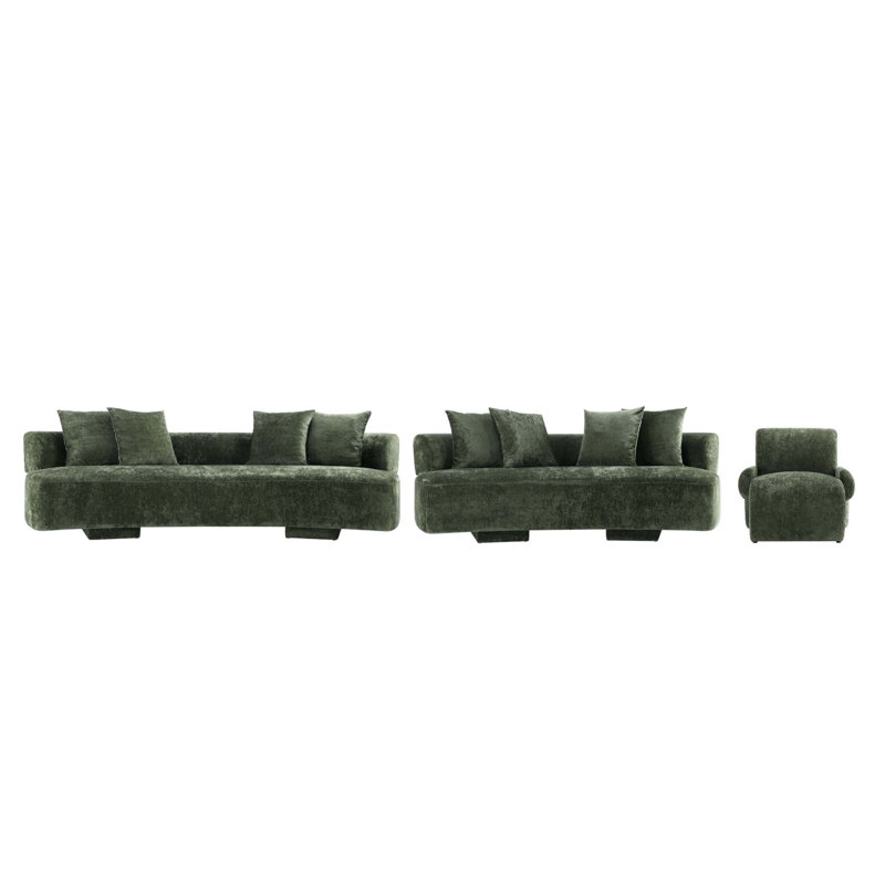Giovedi 3-Piece Modern Chenille 112" Sofa, 90.6" Sofa, and Accent Chair Set, Giovedi Green Chenille