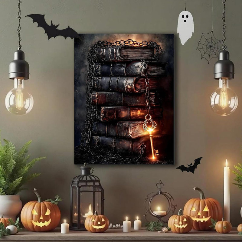 Vintage Halloween Pictures Decor 8x12, Dark Academia Old Books Canvas Wall Art for Bedroom, Chained and Magic Key Poster, Gothic Spooky Canvas Art for Halloween Home Decoration