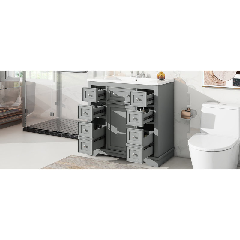 Meuble-lavabo moderne avec lavabo en céramique - bois massif gris, 6 tiroirs, armoire, tablette réglable, Grey