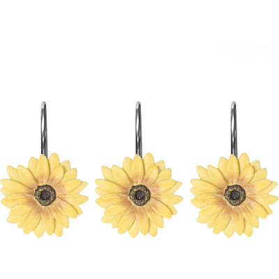 Crochets de rideau de douche jaune tournesol, anneaux de rideau de douche décoratifs pour la salle de bain, résine, crochets de rideau de douche floraux d'été pour le salon, ensemble de 12