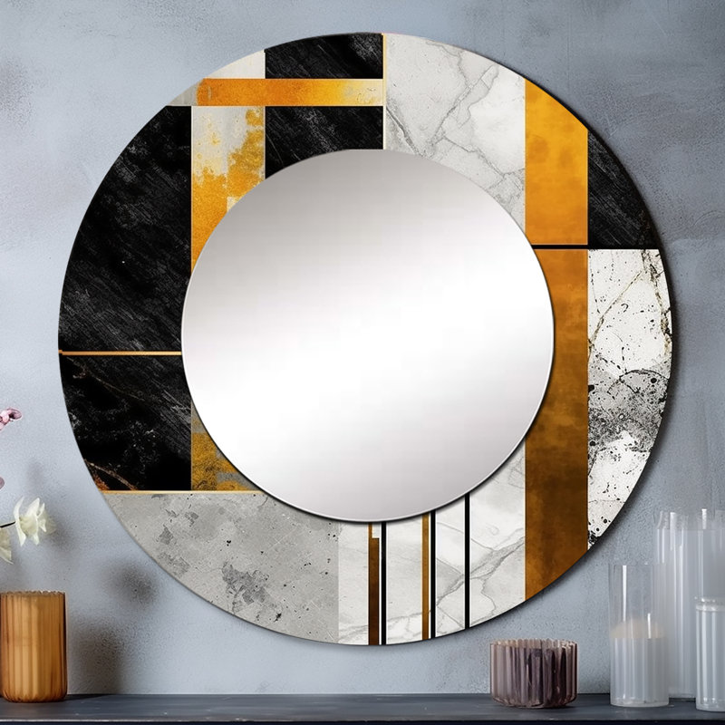 Marbre granit agate avec touches dorées VII - miroir mural géométrique unique, miroir rond gris, impression d'art en métal