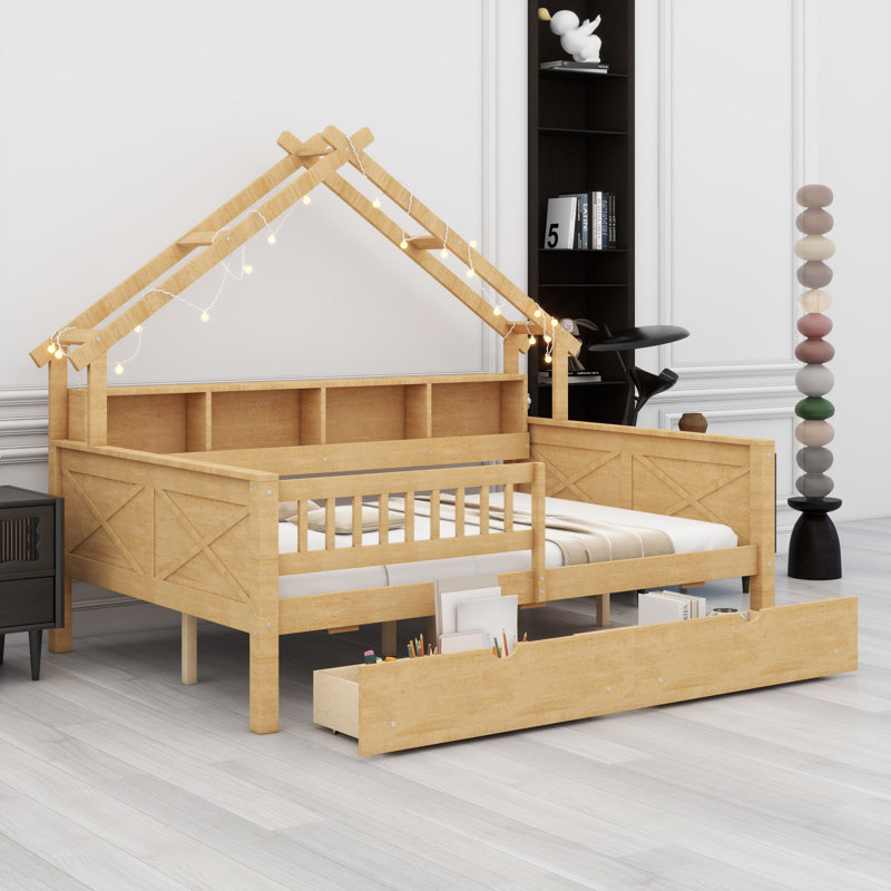 Lits plateforme en bois avec DEL, tablettes de rangement, tiroirs et garde-corps, Naturel