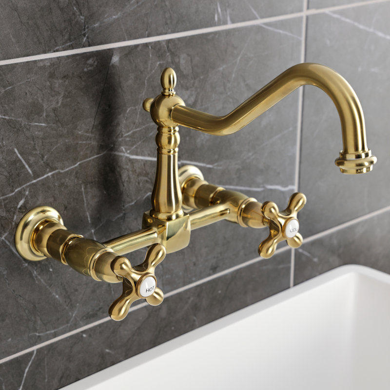 Kingston Brass Heritage Double-Handle Wall-Mount Bridge Kitchen Faucet, Without Side Spray, Brushed Brass
