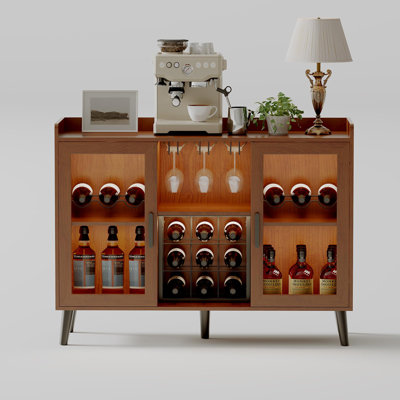Modern Wine Bar Cabinet with LED Lighting, Glass Doors, Wine Racks, Glass Holders & Wood Coffee Bar Station by George Oliver