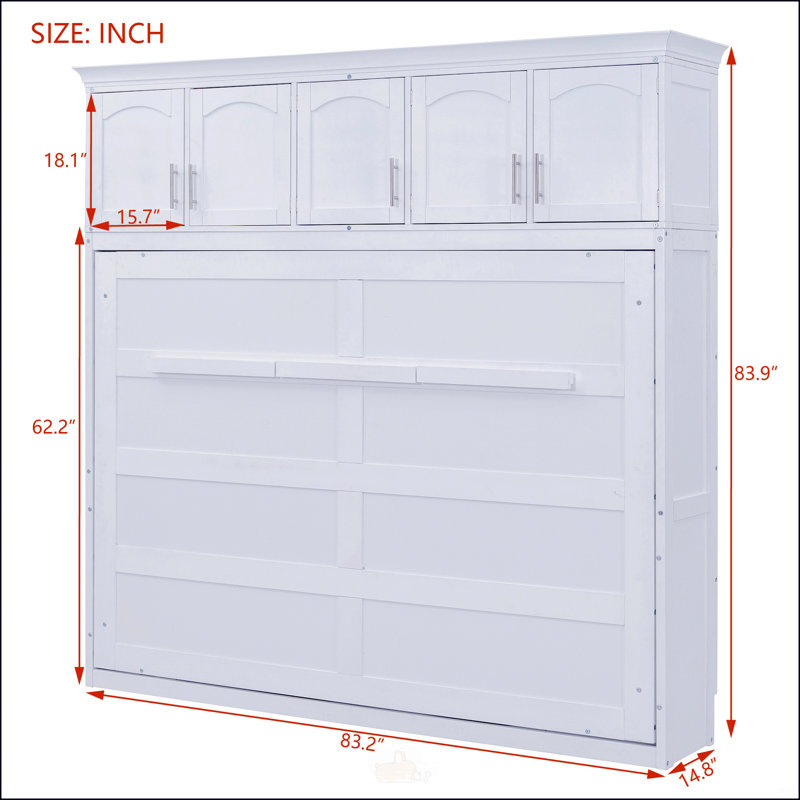 Lit escamotable double avec armoires supérieures, Lit double, Blanc