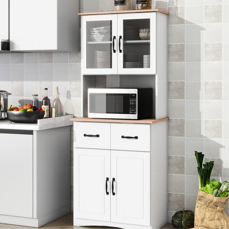 White Wooden Kitchen Pantry Storage Cabinet with Framed Glass Doors & Drawer, Microwave Cabinet
