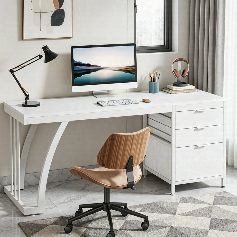 Industrial Computer Desk 59", Study Desk With Reversible Drawer Cabinet And File Storage, White