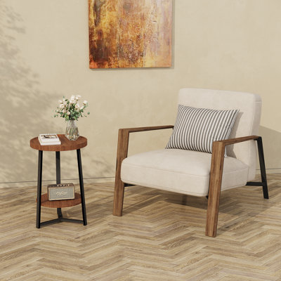 Table de bout avec rangement, petite table d'appoint ronde à 2 niveaux, table d'appoint de campagne et table de chevet pour le salon, la chambre à coucher et les petits espaces, plateau en bois, structure en métal noir, brun