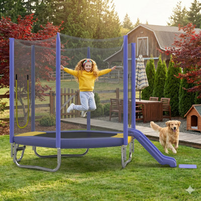 7-Foot Children's Trampoline with Protective Safety Net, Integrated Slide, and Climbing Ladder, Simple Assembly, Hexagonal Design for Outdoor Recreation, Finished in Purple.