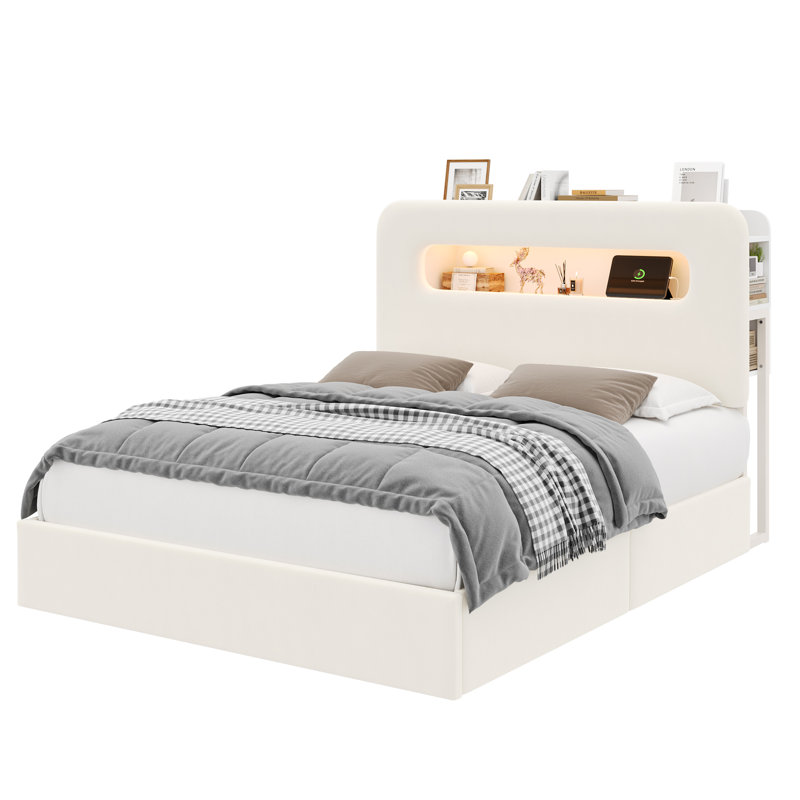 Upholstered Bed Frame, Storage Bed with LED and Charging Station, Full, White