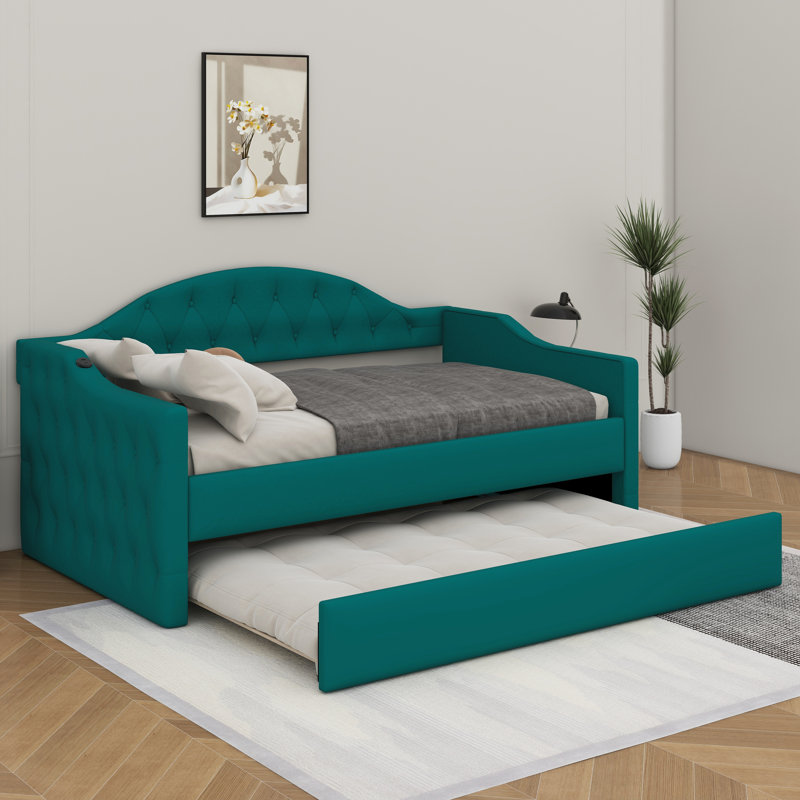 Lit de jour simple capitonné et rembourré avec couchette, canapé-lit en velours avec ports USB et ports de charge de type C