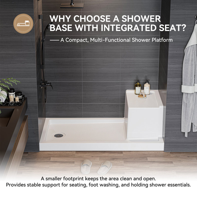 60" W x 32" D Shower Base with Seat and Drain Included, Non-slip Shower Pan, Left