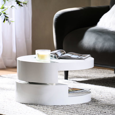 Small Rotatable Coffee Table With Storage Area, Modern White Gloss, 23.99X23.99X13.24 Inches Secret Storage, Glossy Appearance,