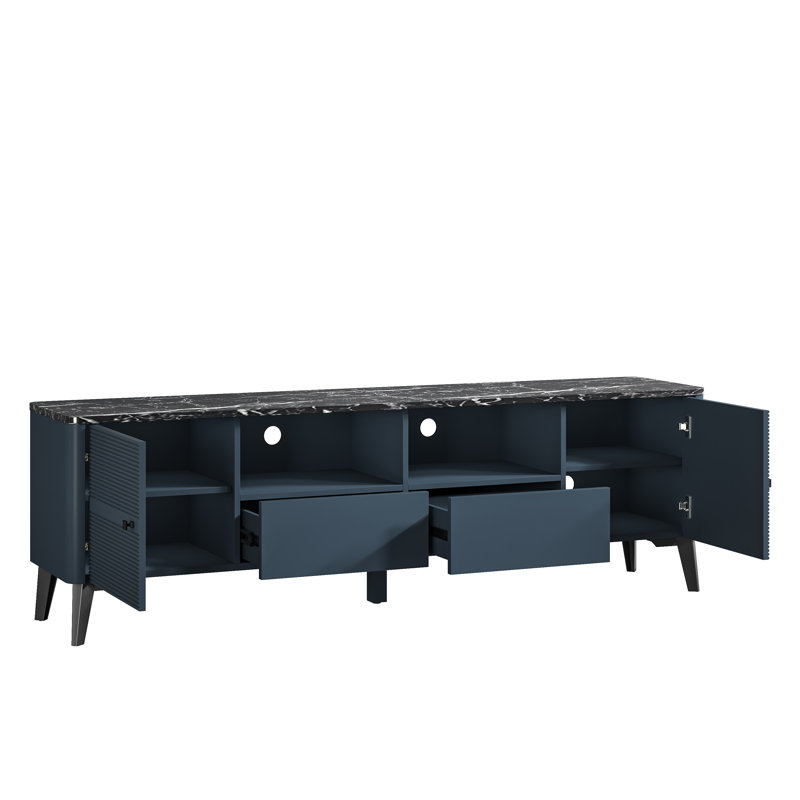Ikesha Modern TV Stand with Faux Marble Top, 70" Media Console Storage Entertainment Center, Dark Blue
