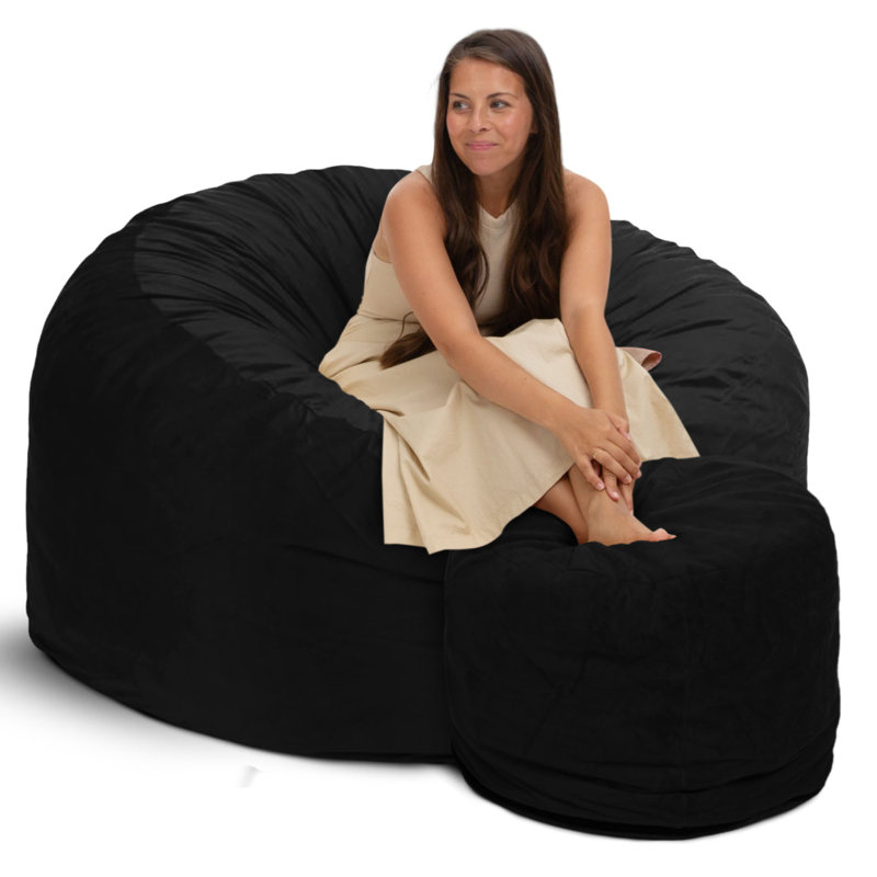 5ft Bean Bag Chair and Footstool, Oversized Lounger, Suede, 34" H x 58" W x 58" D, Black Suede