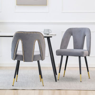 Contemporary Gray Velvet Dining Chair With Nailheads And Gold Tipped Legs, Foam Filled, 18.22 In. Wide Upholstered For Dining, Black Metal Filler, Of 2, 14.45 Lb