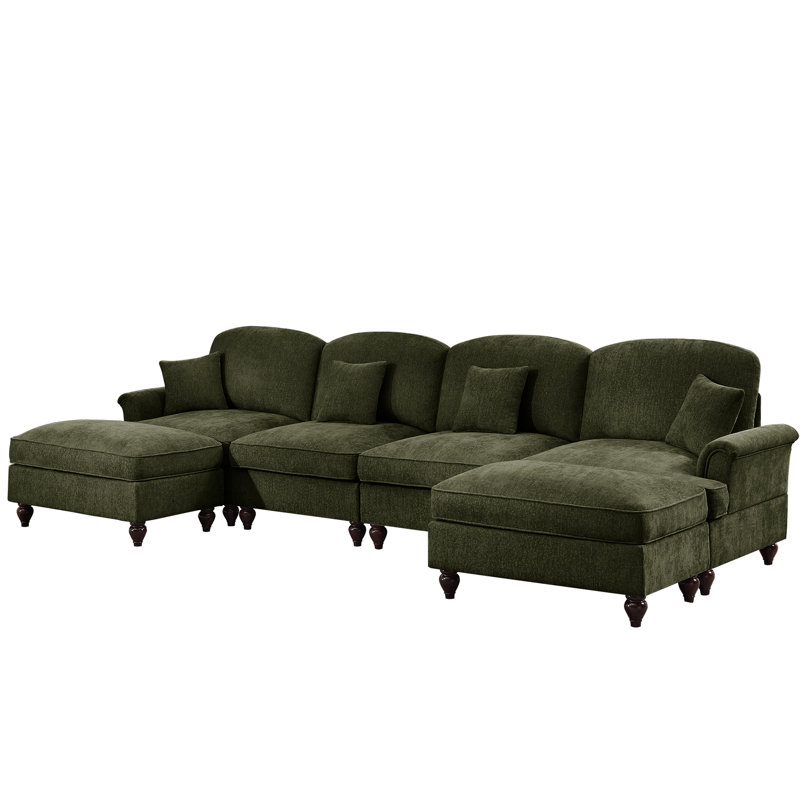 Canapé modulaire 4 places en chenille, avec dossiers en forme de fleur, accoudoirs évasés, jupes plissées à volants et pieds fuselés, nuage confortable avec repose-pieds en forme de U classique