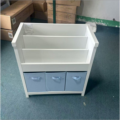 Bibliothèque pour enfants avec rangement à 3 niveaux et 3 bacs en tissu, bibliothèque en bois pour tout-petits pour salle de jeux, chambre de bébé, étagère à livres pour jouets et livres