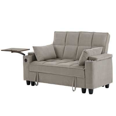 61" Upholstered Loveseat Sofa with Hidden Storage Armrests, Under-Seat Storage, 360° Swivel Tray Table, USB Charging Ports and 2 Cup Holders for Living Room, Apartment & Home Office